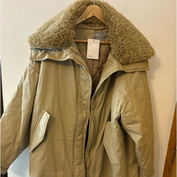 NWT ASOS Khaki Sherpa Collar Midi Parka - Picture 4 of 7